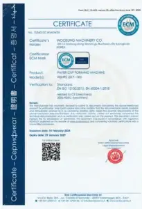 CE marking certification for high speed paper cup forming machine of Woosung Machinery