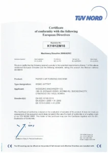 CE marking certification for the paper cup forming machine of Woosung Machinery