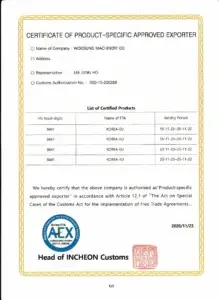 Korea–EU FTA certificate of origin for Woosung Machinery