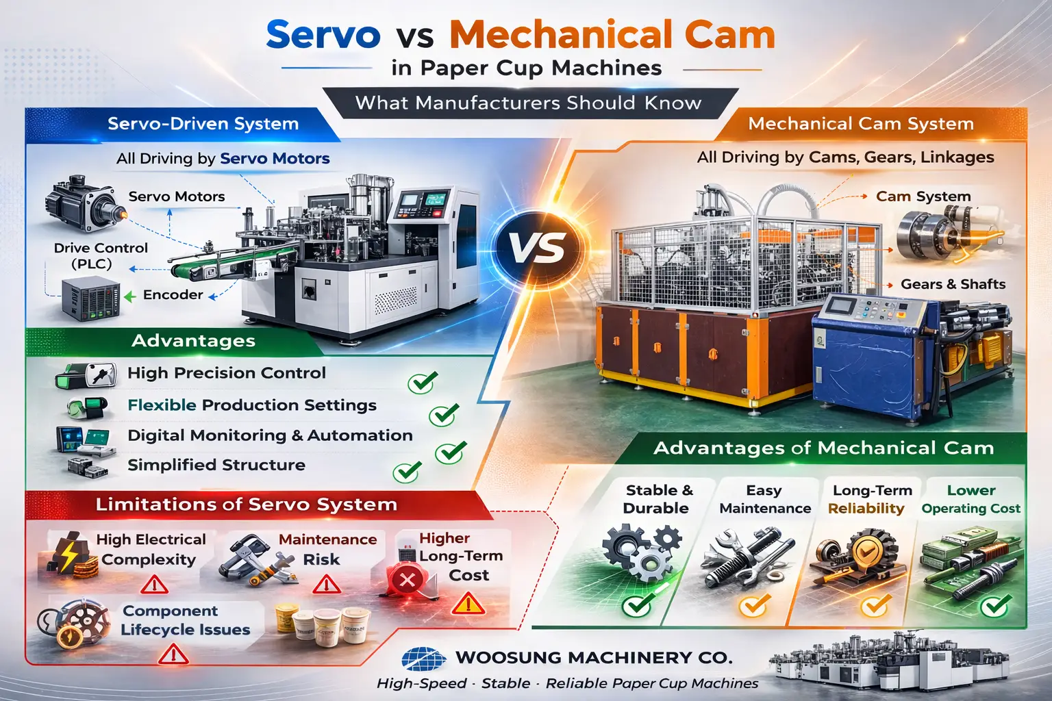 Servo vs Mechanical Cam paper cup machine comparison – high-speed paper cup forming machine engineering difference