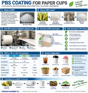 PBS coating for paper cups showing production process, coating structure, benefits and applications