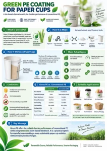 Green PE coating for paper cups showing bio-based polyethylene production, benefits and applications