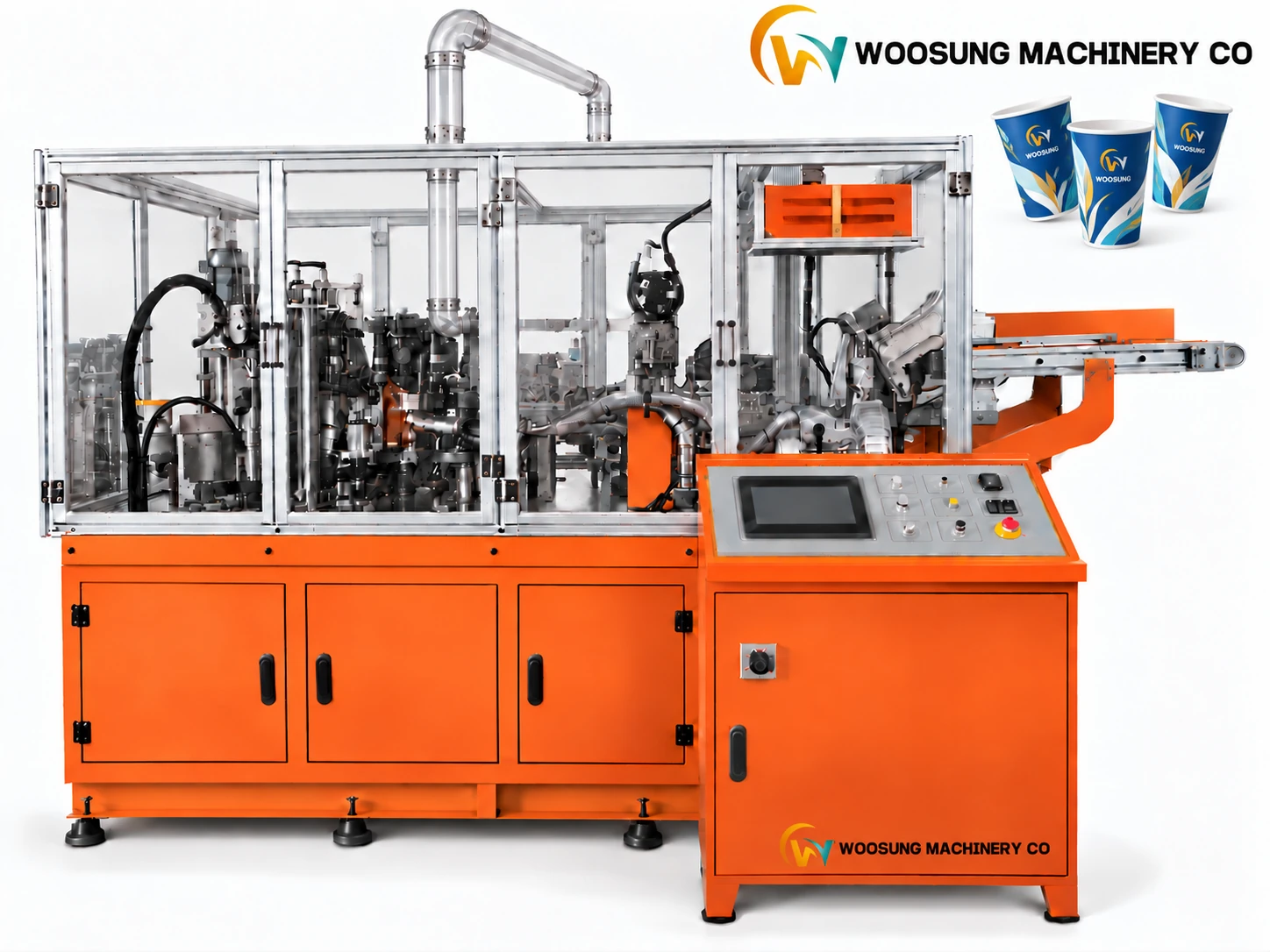 MH-K01 high speed paper cup forming machine with finished paper cups by Woosung Machinery