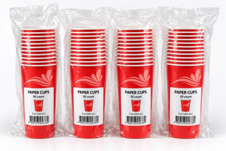 Paper cups packed in transparent film for shipment