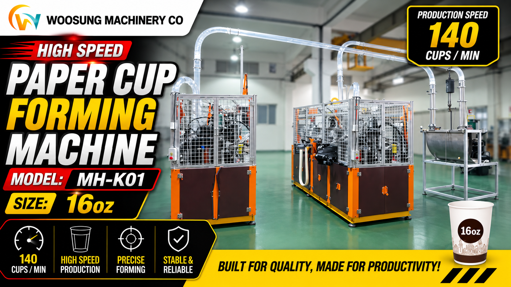 Two high speed paper cup forming machines by Woosung Machinery Korea